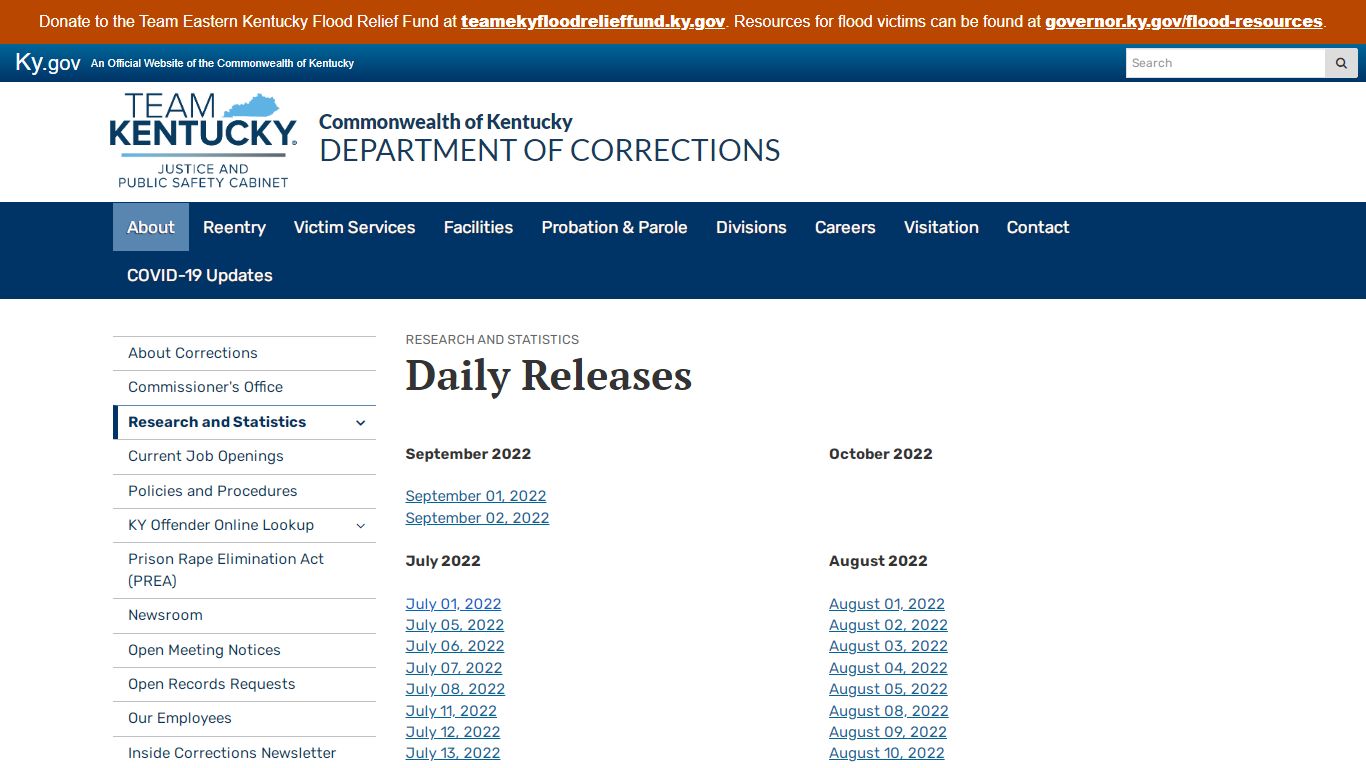 Daily Releases - Department of Corrections - Kentucky